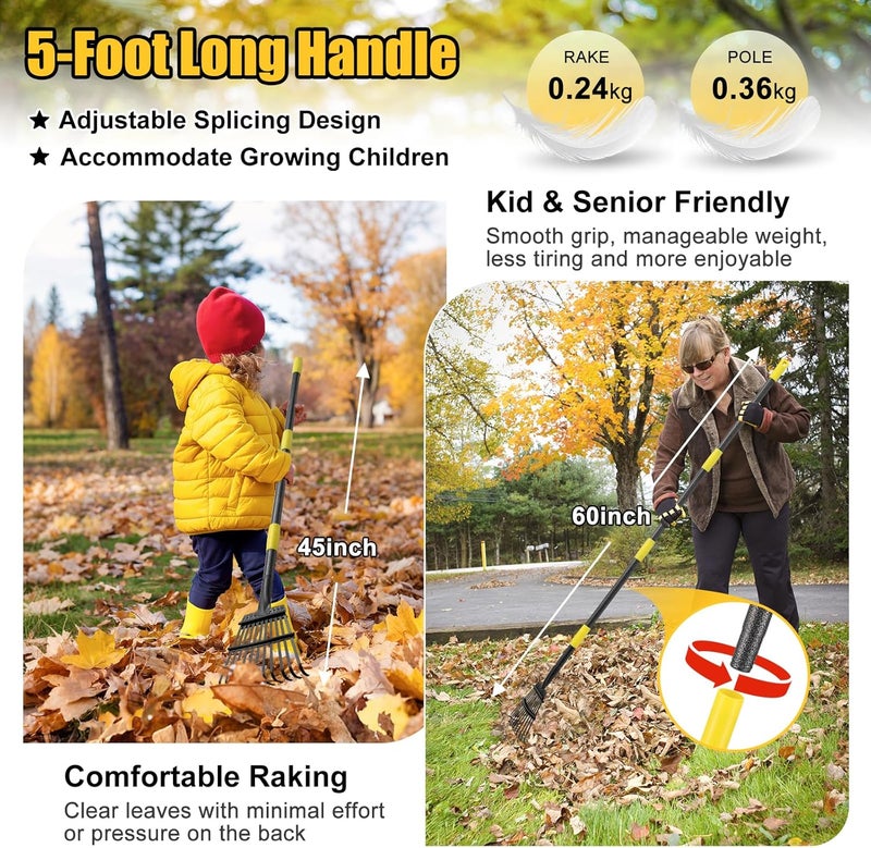 Lilyvane Rake for Leaves: Small Metal Garden Rake, 8.5" Wide, 11 Metal Tines,Heavy Duty Lightweight Kids Leaf Rakes for Small Lawn Yard Shrub,Tight Spot Garden Bed Leaf Debris Picking Cleaning, 60” Long Handle - Image 3